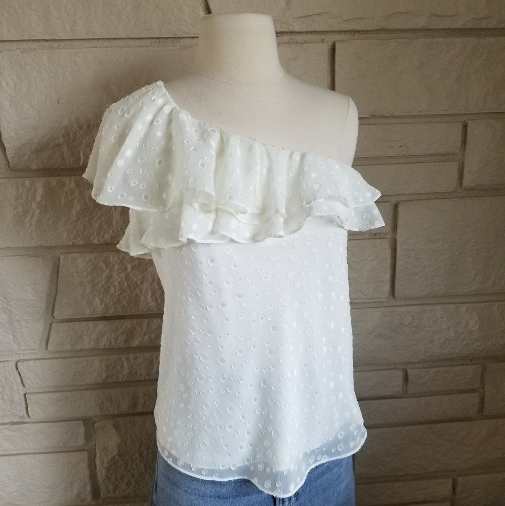 THE LIMITED One Shoulder Ruffle Sheer Polka Dot